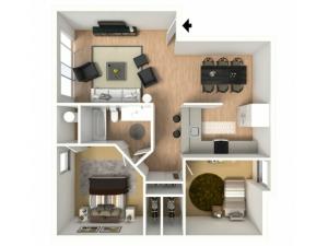 3D floorplan of two-bedroom, one-bathroom with furniture