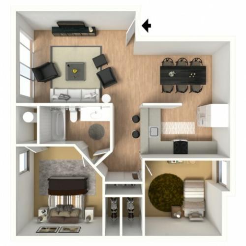 3D floorplan of two-bedroom, one-bathroom with furniture