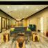 Block75 Apartments, interior, long spacious seating room, comfortable gray couch, chairs, wood floor,