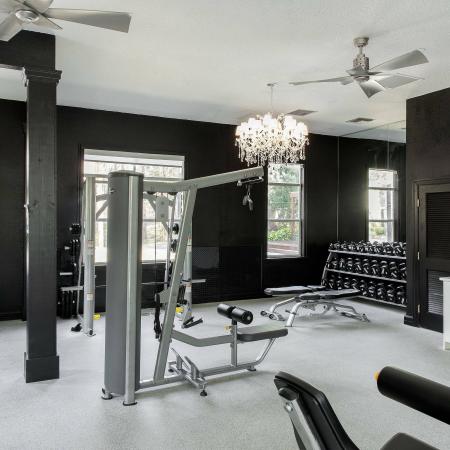 1810 The Social, interior, fitness center, gray, white, black decor, ceiling fans, windows, lockers, weight machines and hand weights