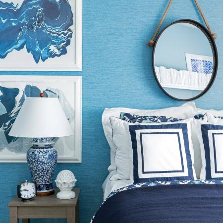 1810 The Social, interior, bedroom, blue and white decor, bed, mirror, night stand, lamp, wall decor