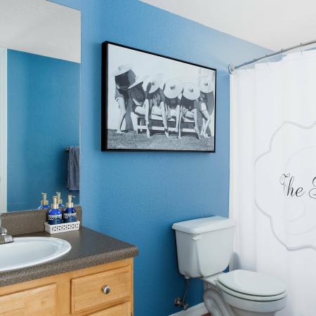1810 The Social, interior, bathroom, blue and white decor, 'The Social' Logo on the shower curtain, wood cabinets, large mirror, blue wall, white toilet, white sink