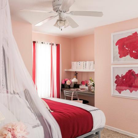 1810 The Social, interior, bedroom, white, red and pink decor, bed, wall art, desk and chair, bed curtain, laimp
