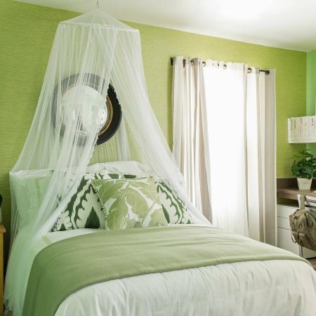 1810 The Social, interior, bedroom, green and white decor, bed, bed curtain, desk, chair, shelves, night stand
