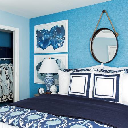 1810 The Social, interior, bedroom, blue and white decor, bed, mirror, night stand, lamp, wall decor, closet