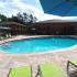 Canyon Square Apartments & Townhomes, exterior, sparkling blue pool, green lounge chairs, blue umbrella, brick buildings,