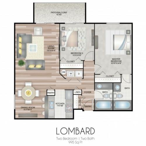 2 bedroom and 2 full baths featuring spacious living and dining room, open kitchen, washer and dryer, and a patio or balcony.