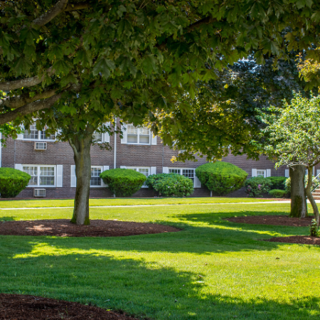 Landscaped ground with trees and building in background  at Princeton Crossing | Apartments for Rent near Salem, MA
