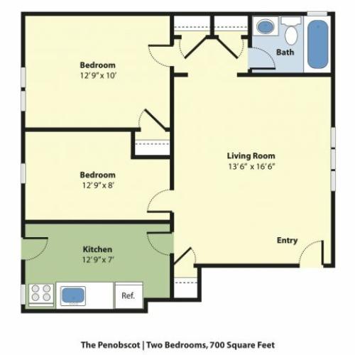 2 Bedroom Floor Plan | Portland Maine Apartments For Rent | Princeton on Back Cove