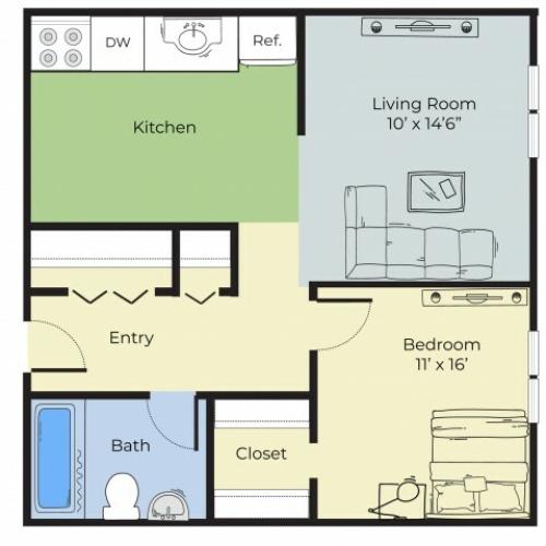 1 Bedroom Floor Plan | South Lawrence MA Apartment For Rent | Princeton at Mount Vernon