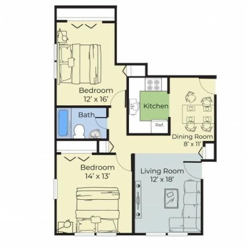 2 Bedroom Floor Plan | Dover New Hampshire Apartments | Princeton at Mill Pond