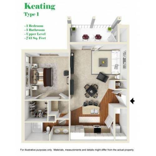 Kelly Reserve Apartments Overland Park Kansas 3D Floor Plan of Keating 1 Plan