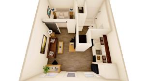 3D floorplan image of studio apartment at Moon City Lofts