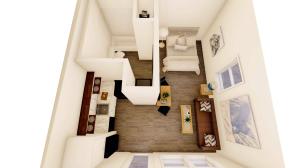 3D floorplan image of studio apartment with furniture in it at Moon City Lofts