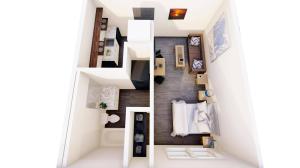 3D furnished floorplan image of studio apartment at Moon City Lofts