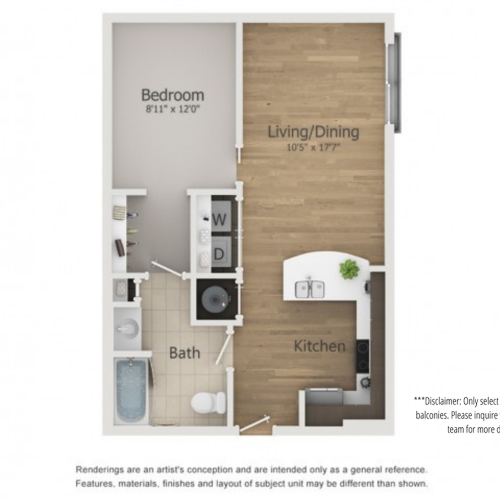 Roxy 2 Floor Plan | 1 Bedroom with 1 Bath | 619 Square Feet | The Melrose | Apartment Homes