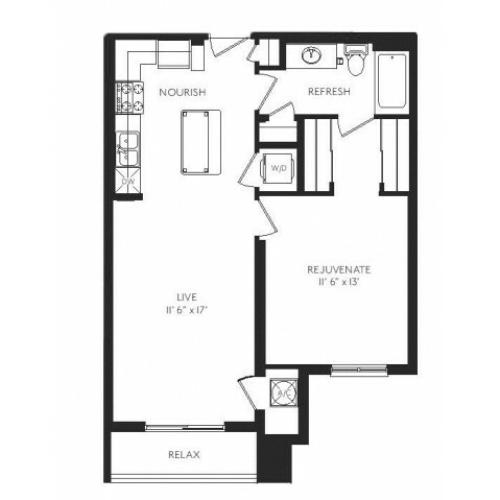 The Deco Floor Plan | 1 Bedroom 1 Bath | 716 Square Feet | Cottonwood Bayview | Apartment Homes
