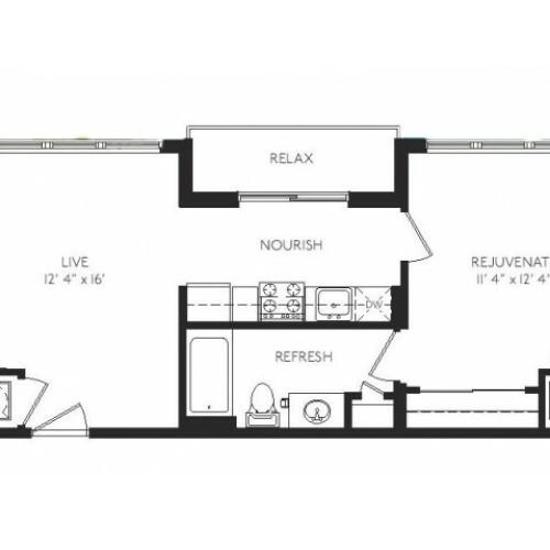 The Impressionist Floor Plan | 1 Bedroom 1 Bath | 602 Square Feet | Cottonwood Bayview | Apartment Homes