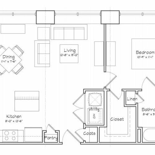 1X1-A1 Floor Plan | 1 Bedroom with 1 Bath | 610 Square Feet | Alpha Mill | Apartment Homes