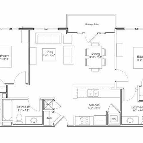 2X2-B1 Floor Plan | 2 Bedroom with 2 Bath | 900 Square Feet | Alpha Mill | Apartment Homes