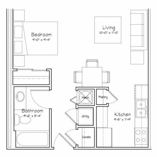 0X1-S1 Floor Plan | Studio with 1 Bath | 416 Square Feet | Alpha Mill | Apartment Homes
