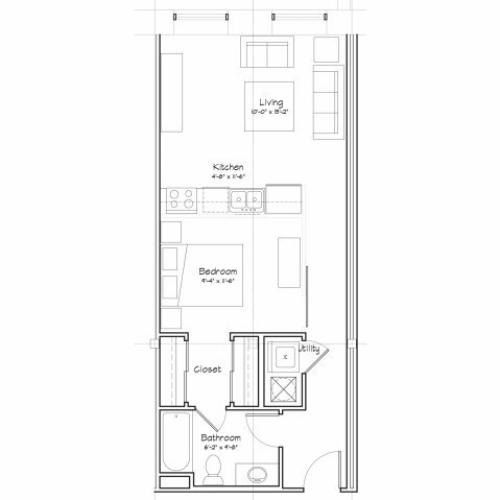 0X1-S3 Floor Plan | Studio with 1 Bath | 556 Square Feet | Alpha Mill | Apartment Homes