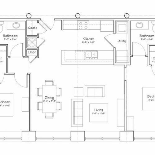 2X2-B3 Floor Plan | 2 Bedroom with 2 Bath | 1010 Square Feet | Alpha Mill | Apartment Homes