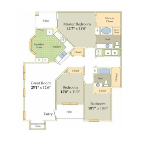 Sussex Floor Plan | 3 Bedroom with 2 Bath | 1485 Square Feet | Cason Estates  | Apartment Homes