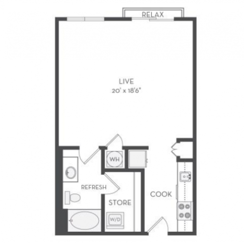 The Tesla Floor Plan | Studio with 1 Bath | 672 Square Feet | Cottonwood Westside | Apartment Homes