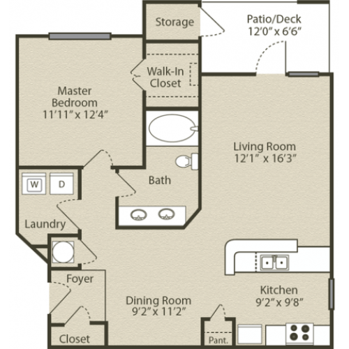 Grant Floor Plan | 1 Bedroom with 1 Bath | 843 Square Feet | Retreat at Peachtree City | Apartment Homes