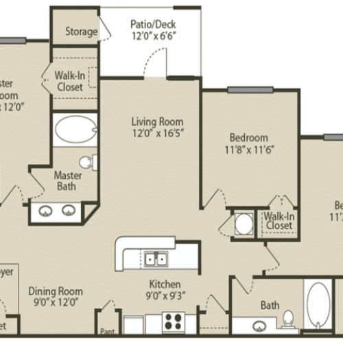 Woodruff Floor Plan | 3 Bedroom with 2 Bath | 1384 Square Feet | Retreat at Peachtree City | Apartment Homes