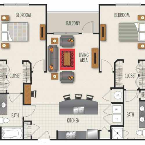 2C Floor Plan | 2 Bedroom with 2 Bath | 1298 Square Feet | Heights at Meridian | Apartment Homes