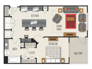 1E Floor Plan | 1 Bedroom with 1 Bath | 907 Square Feet | Heights at Meridian | Apartment Homes