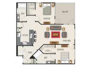 2D Floor Plan | 2 Bedroom with 2 Bath | 1272 Square Feet | Heights at Meridian | Apartment Homes