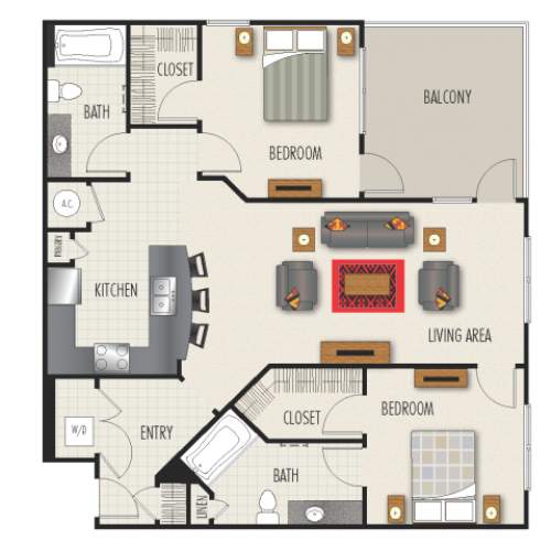 2D Floor Plan | 2 Bedroom with 2 Bath | 1272 Square Feet | Heights at Meridian | Apartment Homes