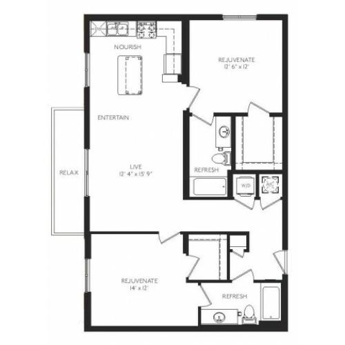 The Noveau Floor Plan | 2 Bedroom 2 Bath | 1078 Square Feet | Cottonwood Bayview | Apartment Homes