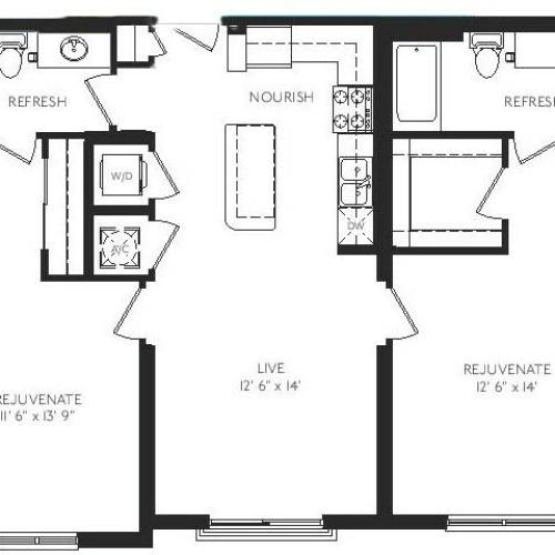 The Venetian Floor Plan | 2 Bedroom 2 Bath | 1076 Square Feet | Cottonwood Bayview | Apartment Homes