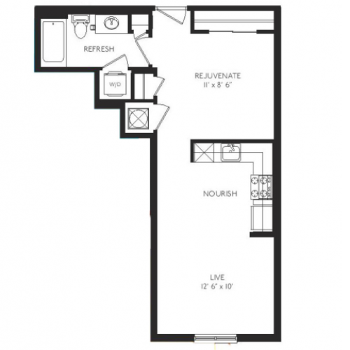 The Expressionist Floor Plan | Studio with 1 Bath | 562 Square Feet | Cottonwood Bayview | Apartment Homes