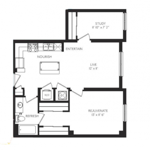 The Celadon Floor Plan | 1 Bedroom 1 Bath | 840 Square Feet | Cottonwood Bayview | Apartment Homes