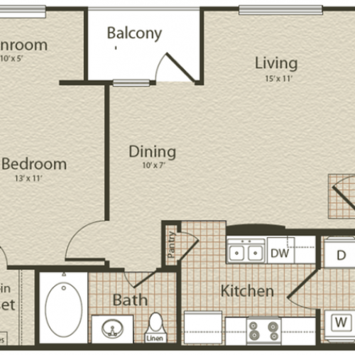 The Mediterranean Floor Plan | 1 Bedroom with 1 Bath | 689 Square Feet | Enclave on Golden Triangle | Apartment Homes