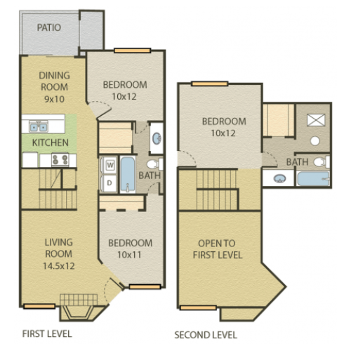 Hickory Floor Plan | 3 Bedroom with 2.5 Bath | 1238 Square Feet | Cottonwood | Apartment Homes