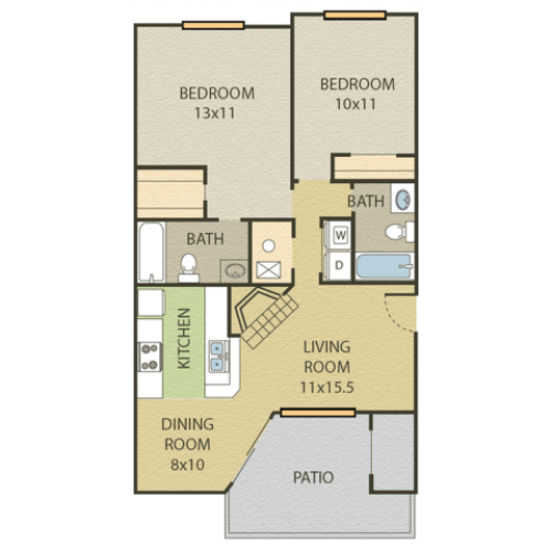 Willow Floor Plan | 2 Bedroom with 2 Bath | 921 Square Feet | Cottonwood | Apartment Homes