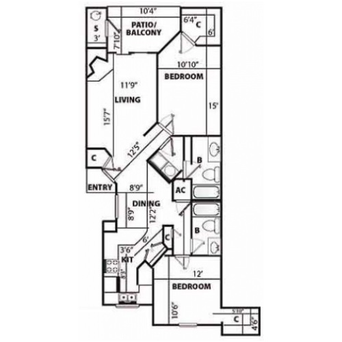 F Renovated Floor Plan | 2 Bedroom with 2 Bath | 1207 Square Feet | Pavilions | Apartment Homes