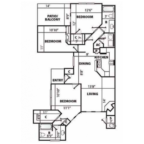 G Classic Floor Plan | 3 Bedroom with 2 Bath | 1685 Square Feet | Pavilions | Apartment Homes
