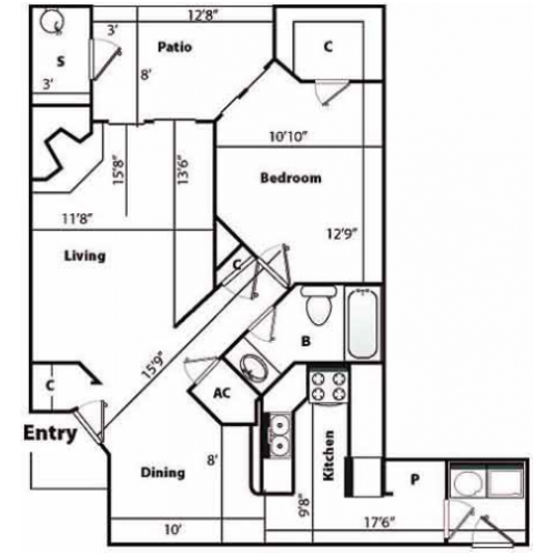 B Renovated Floor Plan | 1 Bedroom with 1 Bath | 880 Square Feet | Pavilions | Apartment Homes