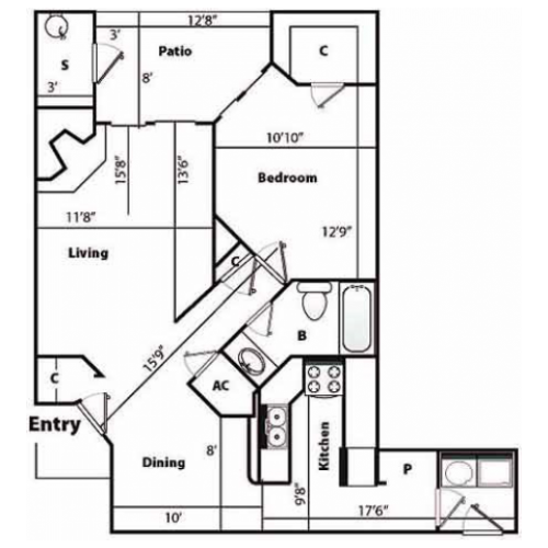 B Classic Floor Plan | 1 Bedroom with 1 Bath | 880 Square Feet | Pavilions | Apartment Homes