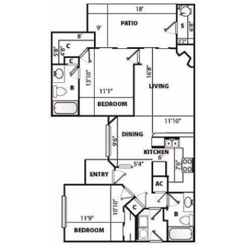 D2 Renovated Floor Plan | 2 Bedroom with 2 Bath | 1192 Square Feet | Pavilions | Apartment Homes