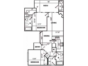 D Classic Floor Plan | 2 Bedroom with 2 Bath | 1170 Square Feet | Pavilions | Apartment Homes