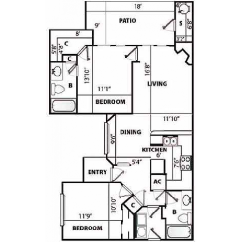 D1 Classic Floor Plan | 2 Bedroom with 2 Bath | 1192 Square Feet | Pavilions | Apartment Homes