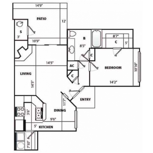 C Renovated Floor Plan | 1 Bedroom with 1 Bath | 981 Square Feet | Pavilions | Apartment Homes